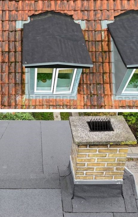 Taginspektion af kvist, teglsten og taginspektion af tag med tagpap og skorsten