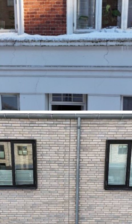 Facadetjek ved nedløbsrør med drone på 2-plans murstenshus